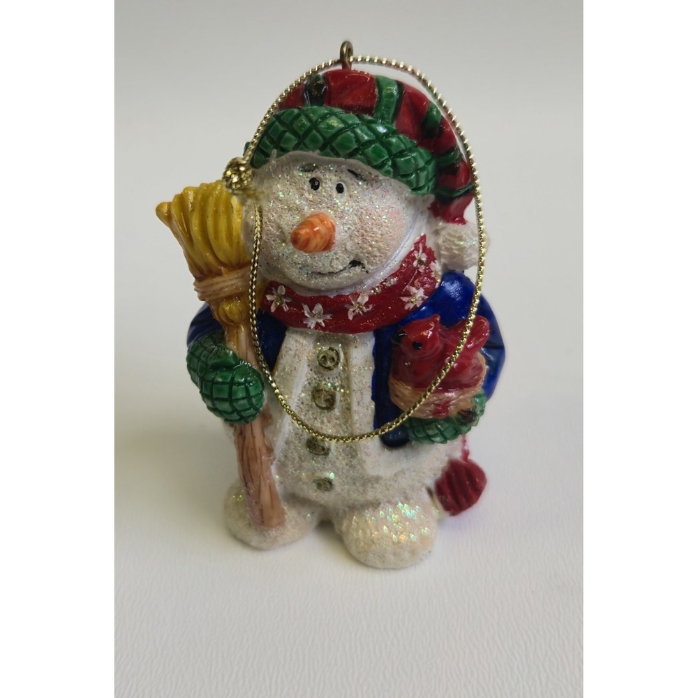 Resin Snowman Christmas Ornament Holding Broom Heart Pattern Multicolor 3in